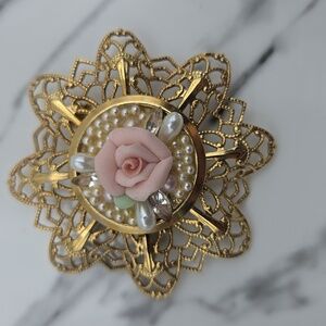 Gold and Pink Floral Brooch